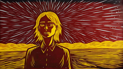 art illustration of a woman with hair gazing