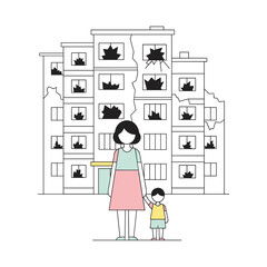 Woman holding child's hand in front of damaged building  
