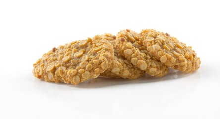 Four golden peanut cookies with visible nut pieces, stacked, with white background