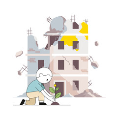 Child planting a flower near a damaged building in a city  