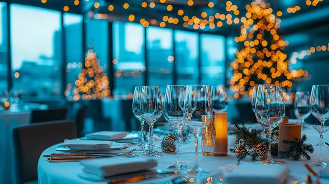 Elegant Table Setting with Wine Glassware and Festive Orange Light Bokeh near Glowing Holiday Tree