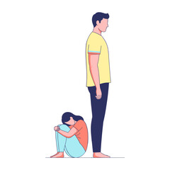 Man standing while woman sitting on floor expressing sadness  