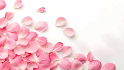 Close up of romantic pink rose petals on white