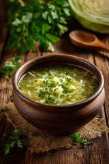 Homemade Vegetable Soup with Cabbage and Fresh Herbs in Ceramic Bowl