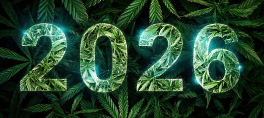 Glowing 2026 Numbers in Cannabis Leaves - Modern Banner Design