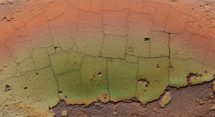 Close-up of weathered wall, showing a gradient of earthy tones with cracks and surface imperfections. Reveals texture