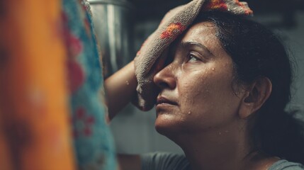 Woman wiping sweat from her forehead with a textured cloth in warm lighting