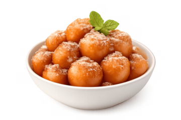 Loukoumades fritters with powdered sugar and mint in a white bowl, traditional sweet snack and dessert, transparent background