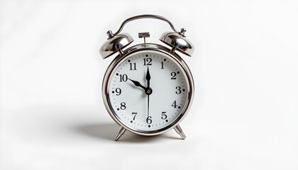 A classic alarm clock with an extended arm design sits prominently against a white background. The clock has a large, round face displaying the time as 4:30