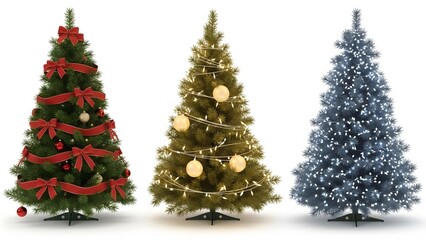 Three Decorated Christmas Trees with Red Ribbons Lights and Snow