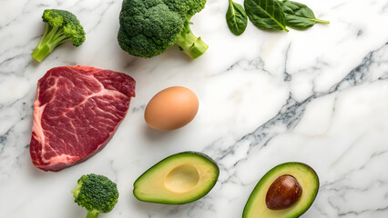 Fresh ingredients are arranged for a healthy gourmet meal on a marble