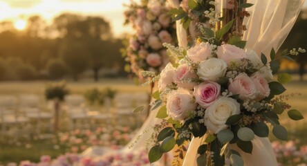 Golden hour wedding setup with floral arch, chairs, and soft focus