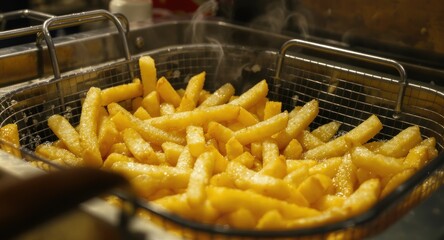 Golden, steaming French fries in a metal fryer basket, close-up with shallow depth of field