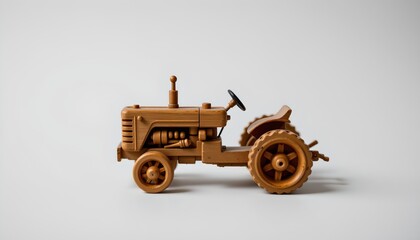 A wooden toy tractor with attached plow on a white background.