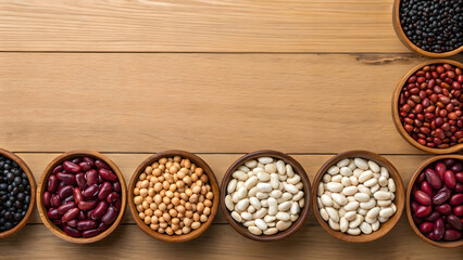 Healthy organic dry beans and seeds serve as a nutritious vegetarian ingredient inside a brown wooden bowl on a rustic table for a wholesome breakfast snack
