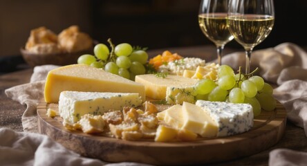 Gourmet cheese board with wine glasses, grapes, bread, and apricot, on a rustic table