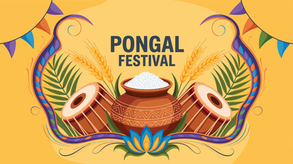 Pongal festival celebration illustration with traditional clay pots, sugarcane and decorative elements for south indian harvest festival greeting