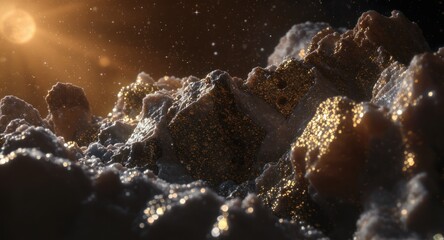 Golden-hued cosmic landscape featuring textured, crystalline formations under a celestial light