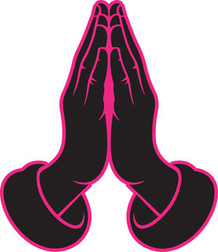 Two hands outlined in vibrant pink held together in a gesture of prayer or namaste
