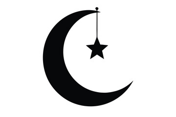 A black crescent moon with a star hanging from it on a white background for ramadan or islamic celebrations with illustration