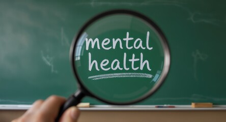 Hand holding magnifying glass over the words "mental health" written on a chalkboard