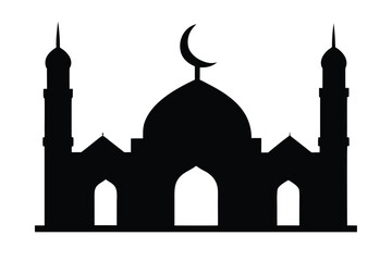 A black silhouette illustration of a mosque with a crescent moon on top of the dome and two minarets on either side against a white background