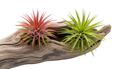 Two air plants on driftwood isolated on transparent background