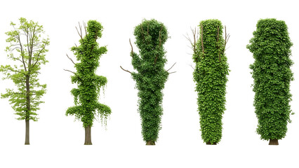 Five trees with various canopies isolated on transparent background