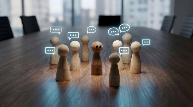 Concept of workplace bullying and exclusion,wooden figure being judged by group,highlighting mental health and social issues in corporate culture