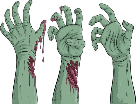 Green zombie hands reaching up vector illustration, undead arms with blood for Halloween horror party design