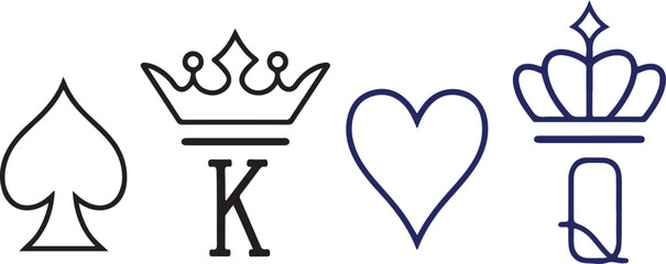 Naklejka premium Classic playing card symbols including a spade, a crowned King, a heart, and a crowned Queen
