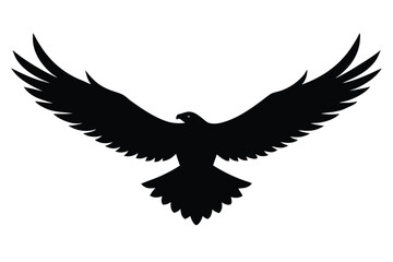 Black silhouette of an eagle with wings spread wide on white background for graphic design use with eagle silhouette