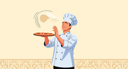 An expert chef in a traditional uniform skillfully tossing and spinning pizza dough in the air, with a finished pizza ready in his other hand.