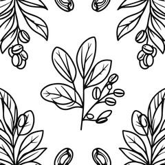 Minimal black line art illustration of coffee beans and leaves for packaging label, monoline vector style, white background, editable outline, no text, no logo 2