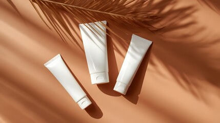 Skincare product Tubes Under Shadow: Three minimalist white tubes of skincare products rest under the delicate shadow of leaves, evoking a sense of tranquility and natural beauty.
