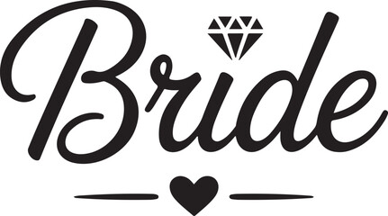 Stylish black script lettering spells Bride with a sparkling diamond icon and a sweet heart below