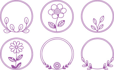 Six distinct pink line art circular frames with flowers and botanical leaf patterns