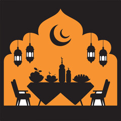 Stylized orange and black graphic depicts an Iftar table with food and lanterns under an Islamic archway