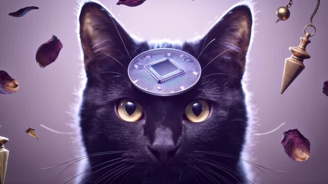 Black cat with glowing eyes and a futuristic microchip on its forehead, surrounded by floating rose petals and pendulums. Mystical and futuristic concept with a surreal vibe.