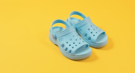 Pair of baby-blue molded-plastic sandals sits on a vivid yellow background