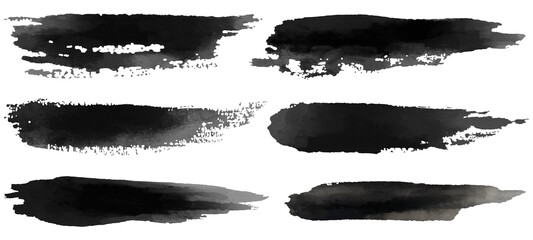 Set of horizontal black ink brush strokes with dry brush texture. Hand-painted Japanese calligraphy lines and grunge stripes. Transparent background illustration.
