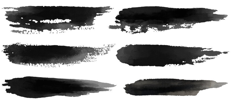 Set of horizontal black ink brush strokes with dry brush texture. Hand-painted Japanese calligraphy lines and grunge stripes. Transparent background illustration.