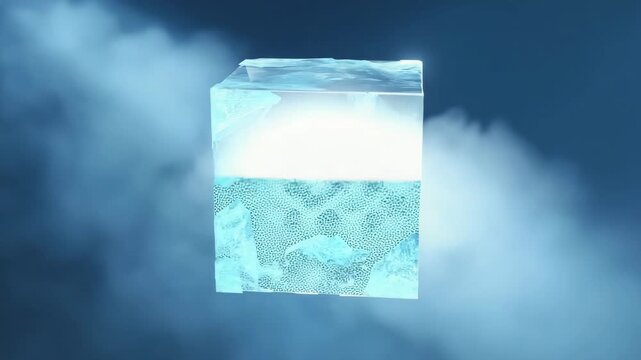 A floating cube of fog that becomes solid when touched by light 4K