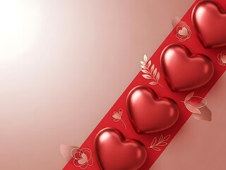 Red heart-shaped chocolates on ribbon with floral decorations  