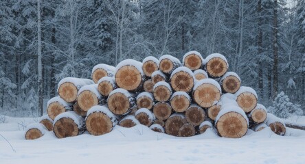 Pile of cut logs, capped with snow, in a winter forest setting