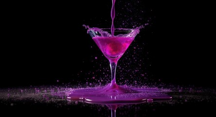 Pink liquid pouring into a martini glass, creating splashes, on reflective black