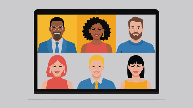 Online video meeting illustration with diverse people on screen for remote work, virtual conference, team communication and webinar concept