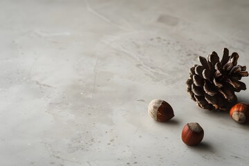 Minimal Still Life of Pinecone and Hazelnut on Neutral Stone Surface