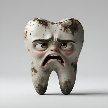 A melancholic dirty 3D tooth character with a distract