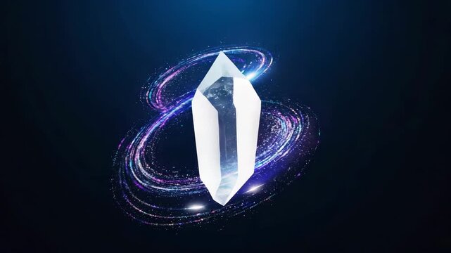 A crystal shard spins slowly, releasing faint trails of shimmering dust that spiral away 4K